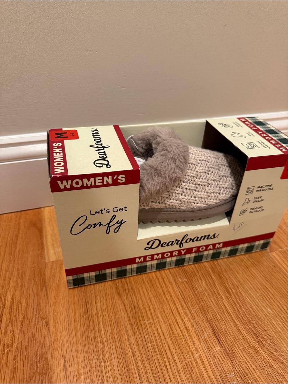 dearfoams Women's Taupe Knit Plush Cuff Memory Foam Slippers medium 7-8
